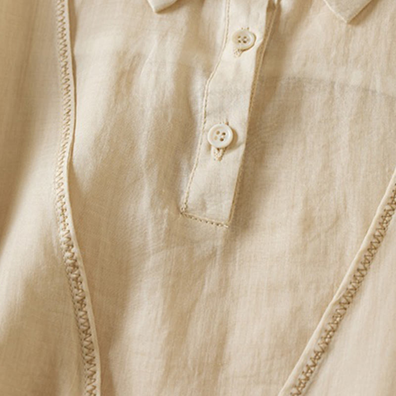 Camicia da donna in cotone e lino, modello Buddha Stones, retro, tinta unita, finto due pezzi, bottoni, mezza manica - image 37