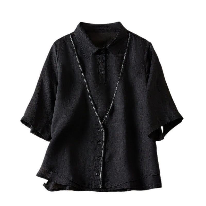 Camicia da donna in cotone e lino, modello Buddha Stones, retro, tinta unita, finto due pezzi, bottoni, mezza manica - image 34