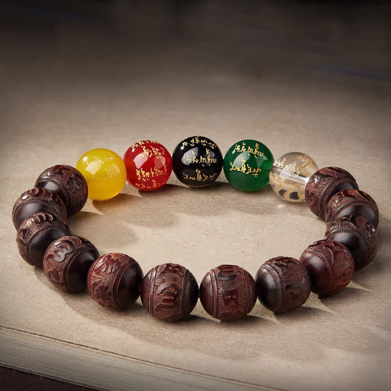 Braccialetto Buddha Stones con piccola foglia di sandalo rosso, cinque direzioni, divinità della ricchezza e della calma - image 2
