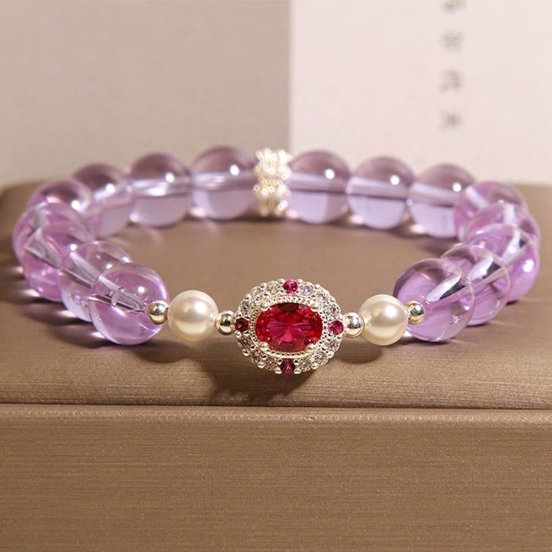 Bracciale Buddha Stones con pietre naturali, ametista, perla e zircone rosso - Ametista (circonferenza del polso: 15-19 cm) - image 1