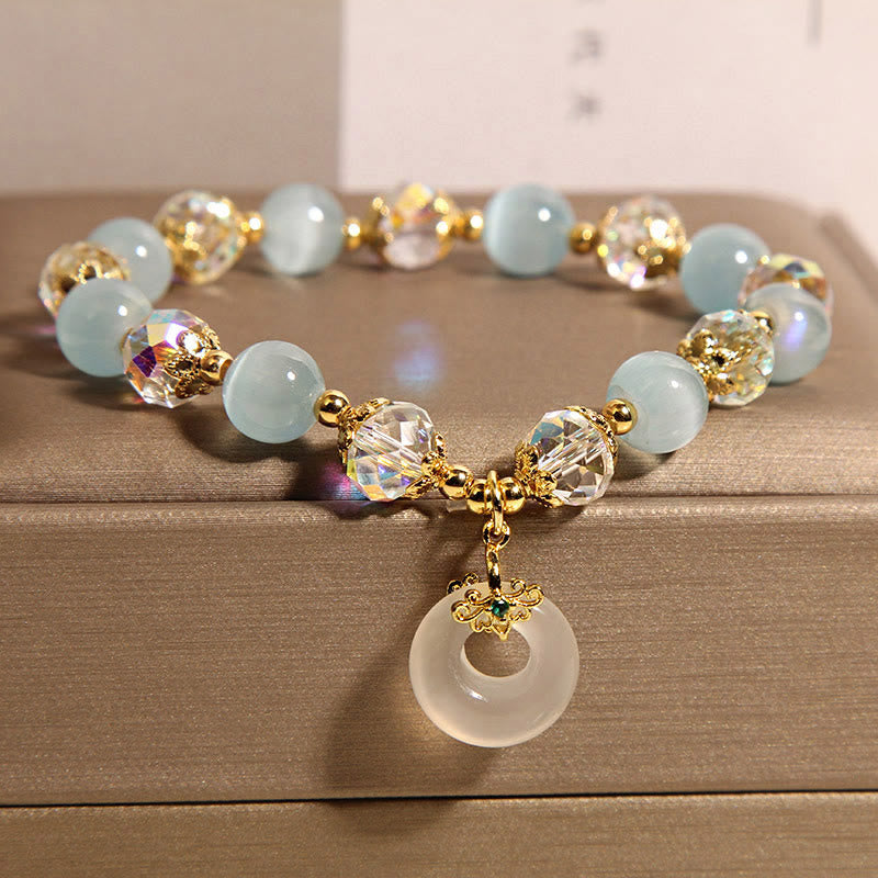 Braccialetto dell'equilibrio con fibbia della pace in cristallo bianco e Buddha Stones blu occhio di gatto - image 3