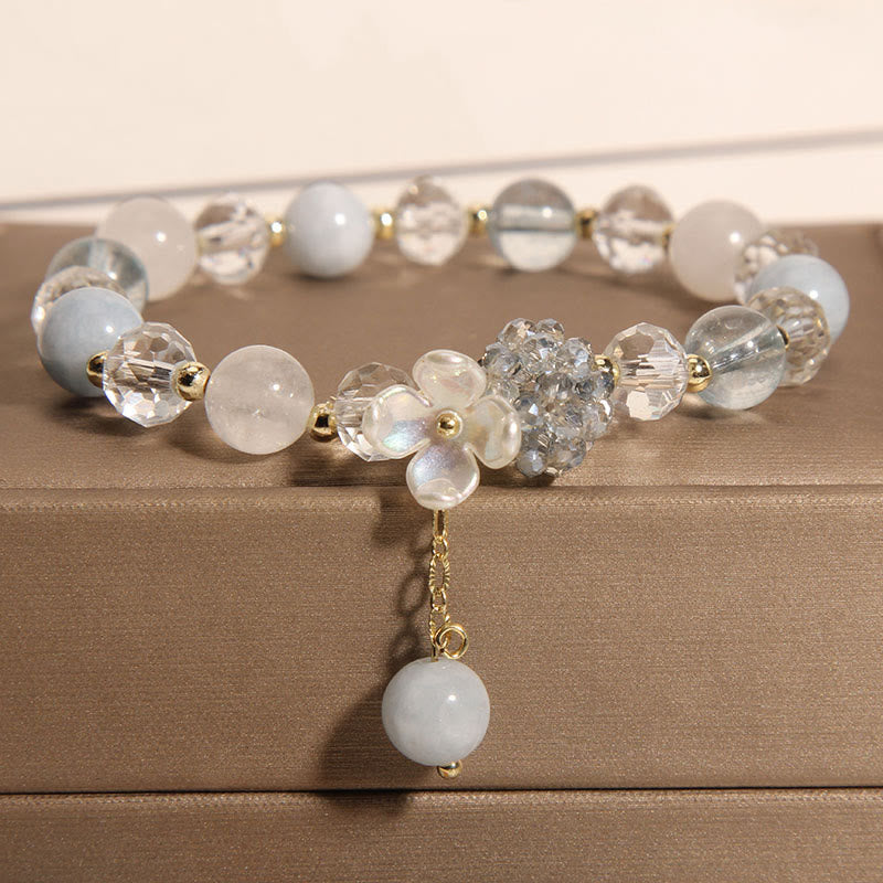 Bracciale Buddha Stones con pietra occhio di gatto gialla e acquamarina, fiore e pace - Acquamarina (circonferenza del polso: 14-16 cm) - image 1