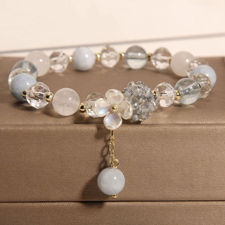 Bracciale Buddha Stones con pietra occhio di gatto gialla e acquamarina, fiore e pace - Acquamarina (circonferenza del polso: 14-16 cm) - image 1