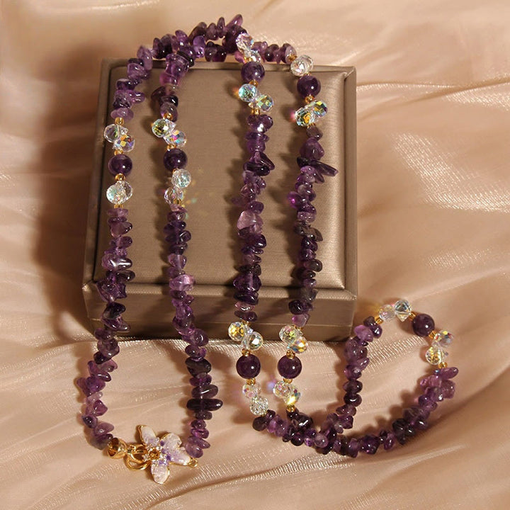Collana con ciondolo a forma di farfalla, fiore, ametista, quarzo fragola e pietre Buddha Stones. - Ametista - image 1