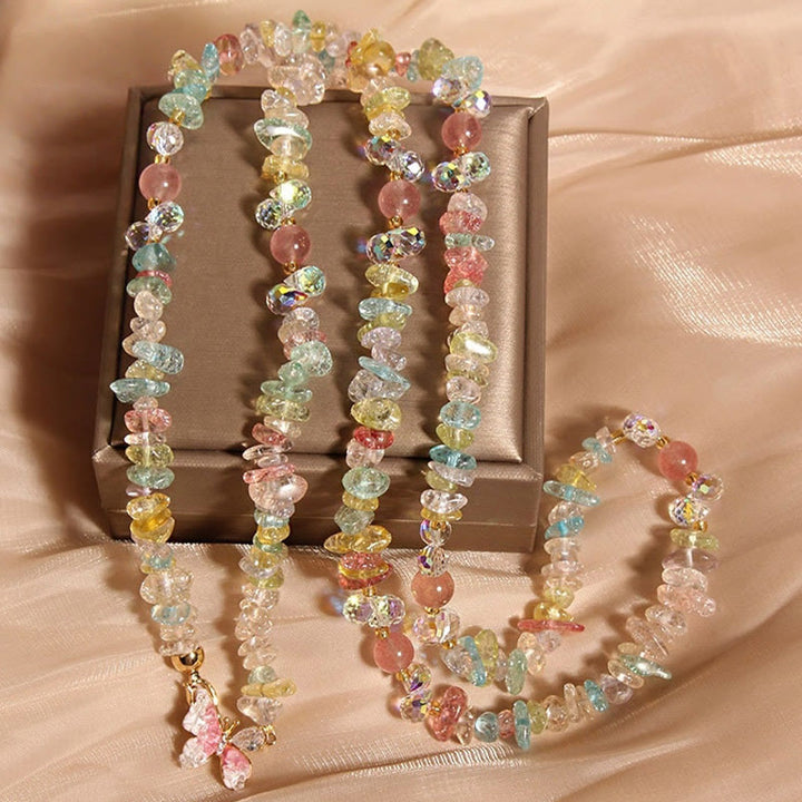 Collana con ciondolo a forma di farfalla, fiore, ametista, quarzo fragola e pietre Buddha Stones. - Cristallo colorato con farfalla - image 14