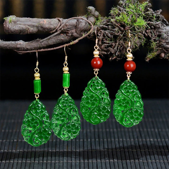 Orecchini portafortuna in argento sterling 925 con gocce d'acqua Buddha Stones , forma cava, giada, agata rossa - image 1