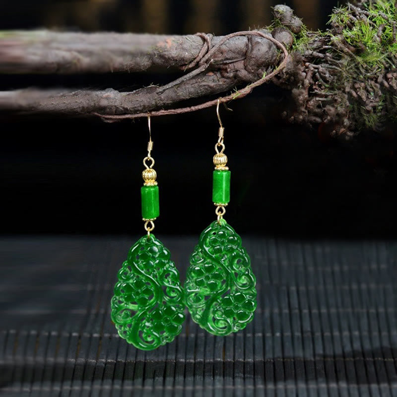 Orecchini portafortuna in argento sterling 925 con gocce d'acqua Buddha Stones , forma cava, giada, agata rossa - Pali in giada e argento - image 7