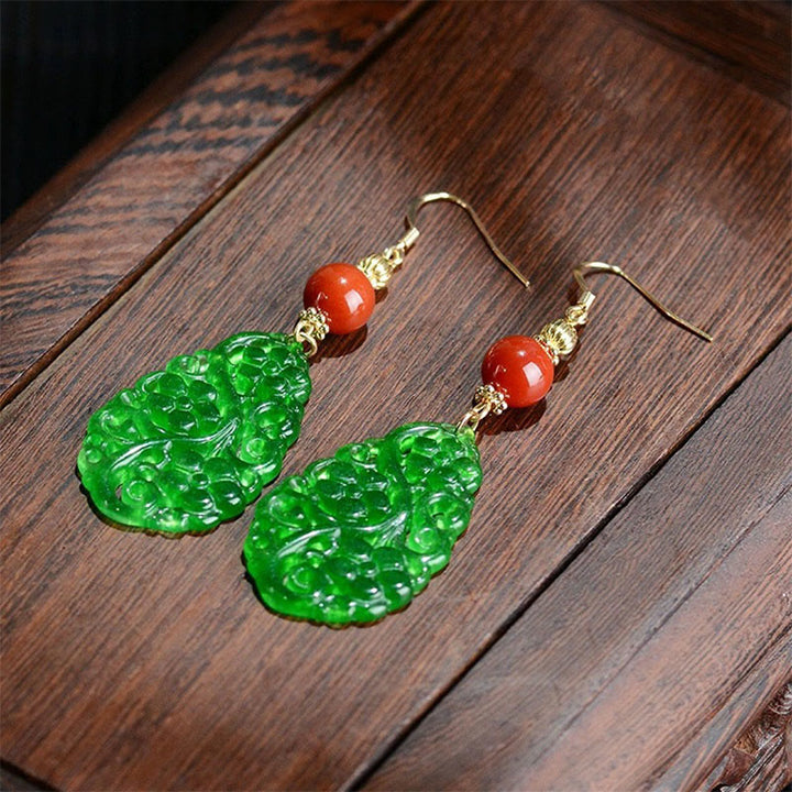 Orecchini portafortuna in argento sterling 925 con gocce d'acqua Buddha Stones , forma cava, giada, agata rossa - Pali in giada, agata rossa e argento - image 2