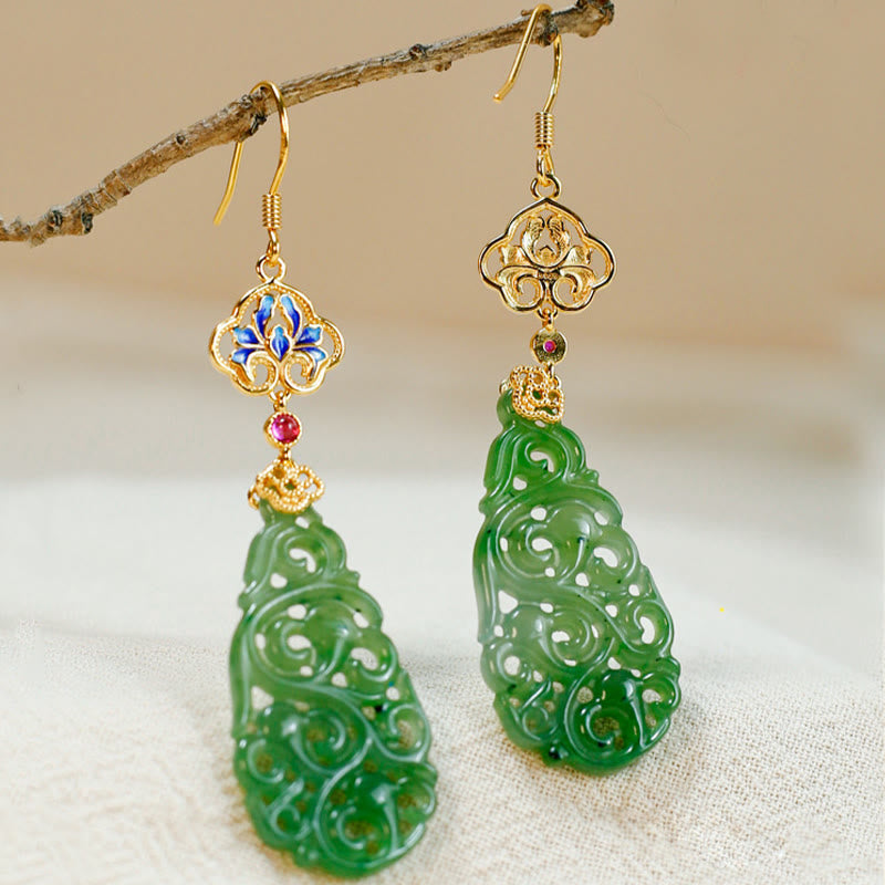 Orecchini della prosperità in argento sterling 925 con smalto in giada Hetian cava e Buddha Stones - Pali in giada e argento di Hetian - image 1