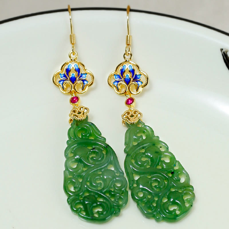 Orecchini della prosperità in argento sterling 925 con smalto in giada Hetian cava e Buddha Stones - image 10