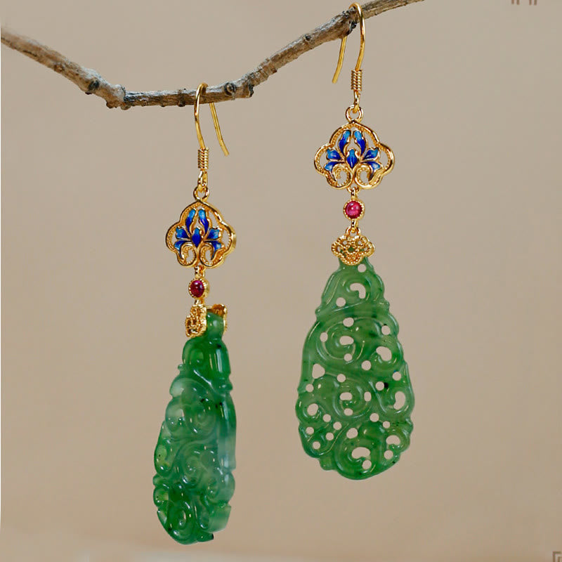 Orecchini della prosperità in argento sterling 925 con smalto in giada Hetian cava e Buddha Stones - image 3