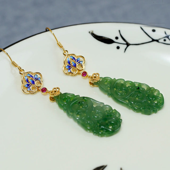 Orecchini della prosperità in argento sterling 925 con smalto in giada Hetian cava e Buddha Stones - image 5