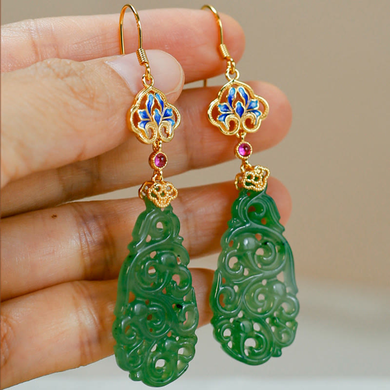 Orecchini della prosperità in argento sterling 925 con smalto in giada Hetian cava e Buddha Stones - image 13