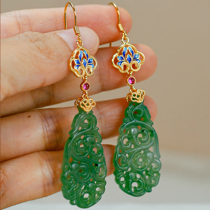 Orecchini della prosperità in argento sterling 925 con smalto in giada Hetian cava e Buddha Stones - image 13