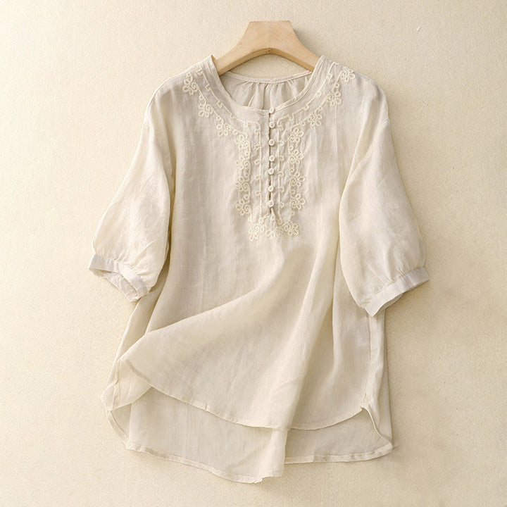 Buddha Stones Camicia da donna in cotone con scollo rotondo, maniche corte, bottoni e ricamo a linea - Biancheria - US14, UK/AU18, EU46 (2XL) - image 5
