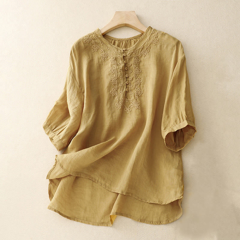 Buddha Stones Camicia da donna in cotone con scollo rotondo, maniche corte, bottoni e ricamo a linea - Verga d'oro - US14, UK/AU18, EU46 (2XL) - image 17
