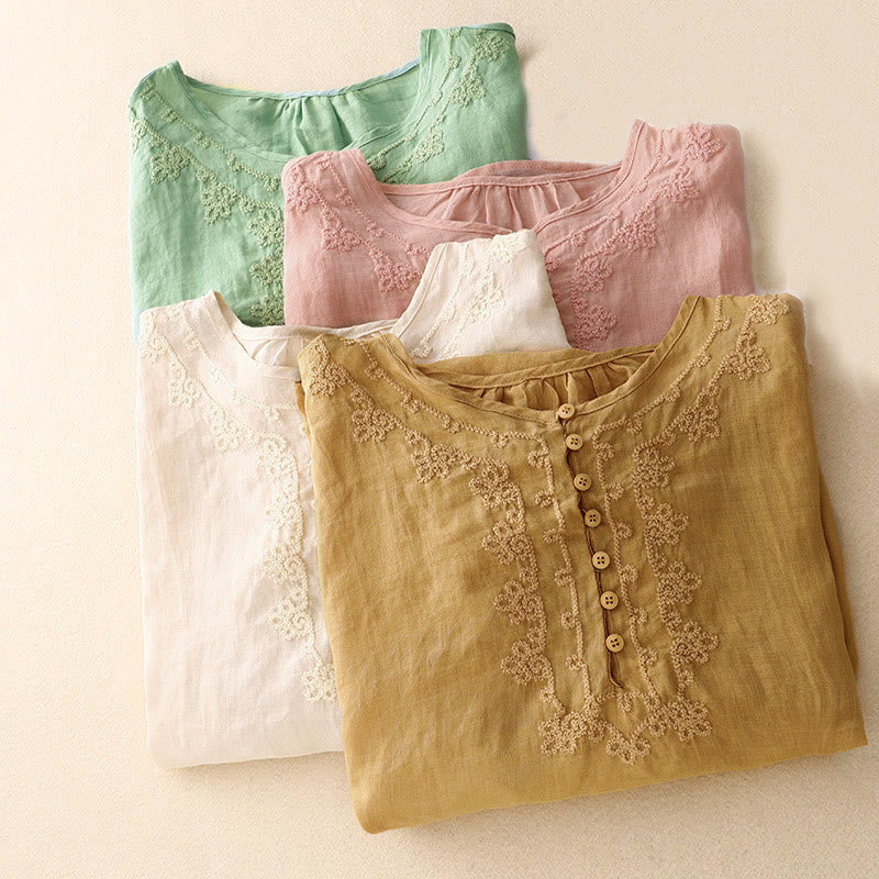 Buddha Stones Camicia da donna in cotone con scollo rotondo, maniche corte, bottoni e ricamo a linea - image 18