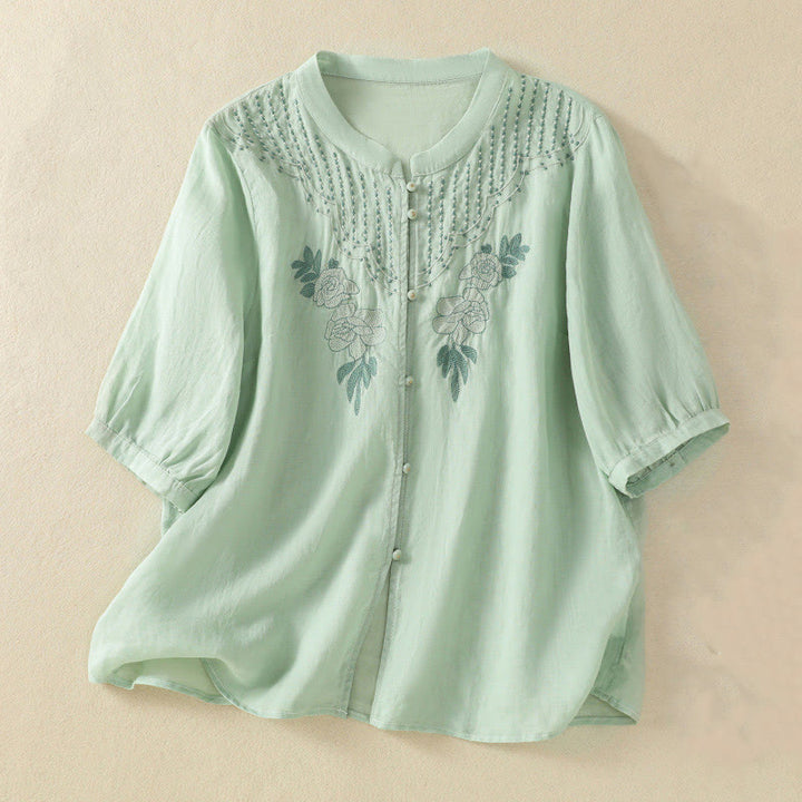 Camicia da donna in cotone a mezza manica con ricamo floreale Buddha Stones e bottoni - Melata - US14, UK/AU18, EU46 (2XL) - image 0