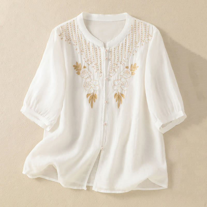 Camicia da donna in cotone a mezza manica con ricamo floreale Buddha Stones e bottoni - Bianco - US14, UK/AU18, EU46 (2XL) - image 33