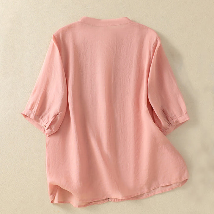 Camicia da donna in cotone a mezza manica con ricamo floreale Buddha Stones e bottoni - image 12