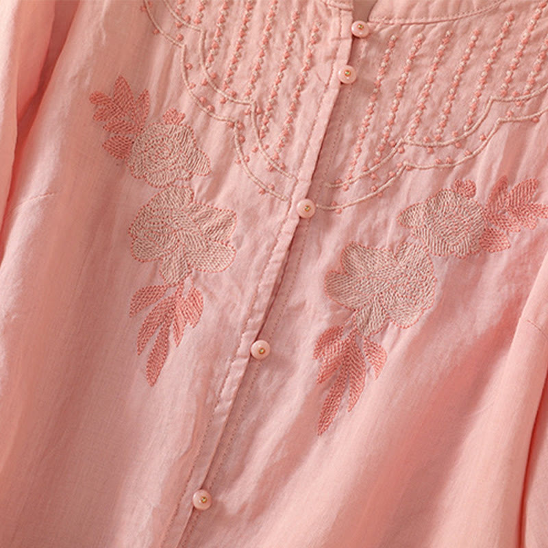Camicia da donna in cotone a mezza manica con ricamo floreale Buddha Stones e bottoni - image 17