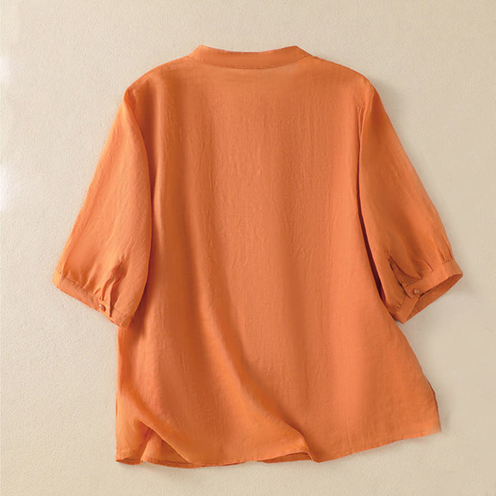 Camicia da donna in cotone a mezza manica con ricamo floreale Buddha Stones e bottoni - image 24