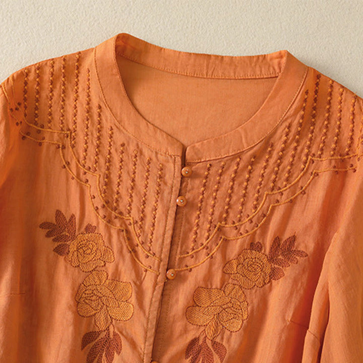 Camicia da donna in cotone a mezza manica con ricamo floreale Buddha Stones e bottoni - image 27