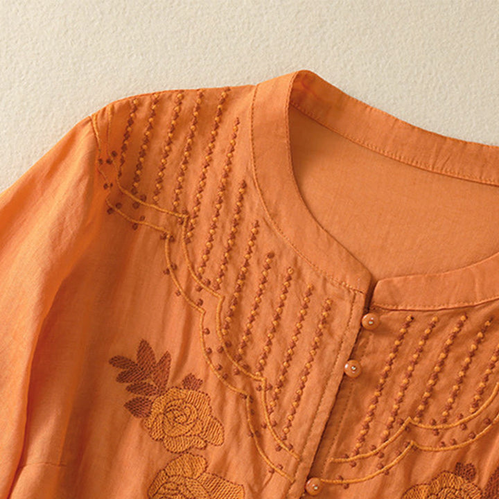 Camicia da donna in cotone a mezza manica con ricamo floreale Buddha Stones e bottoni - image 26