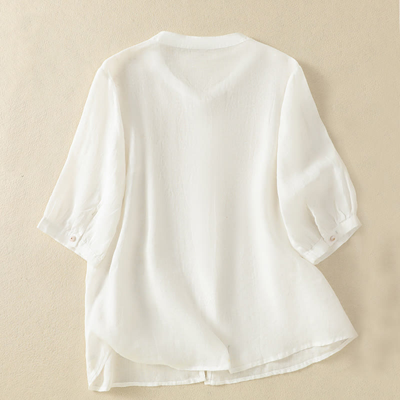 Camicia da donna in cotone a mezza manica con ricamo floreale Buddha Stones e bottoni - image 34