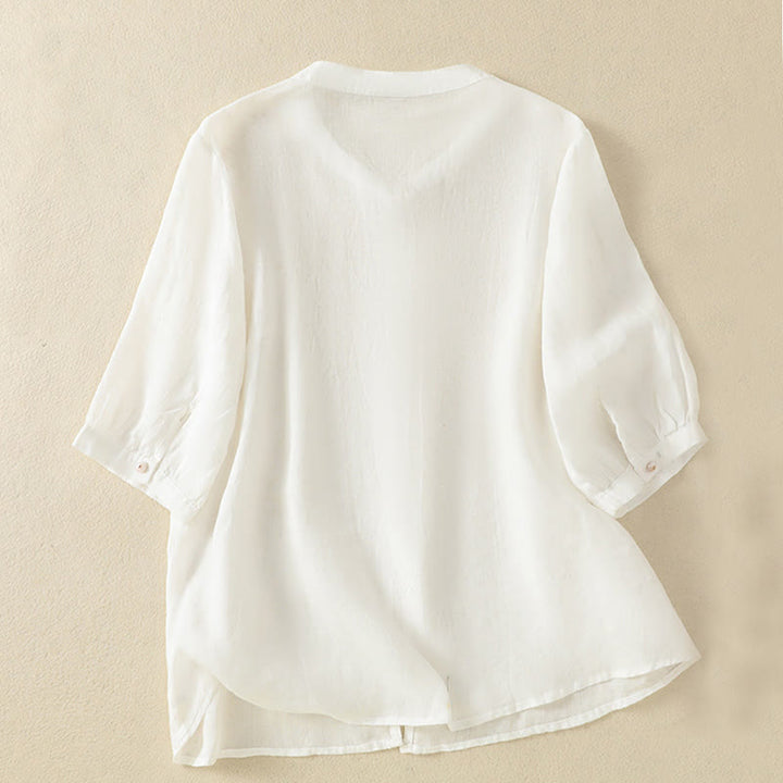 Camicia da donna in cotone a mezza manica con ricamo floreale Buddha Stones e bottoni - image 34