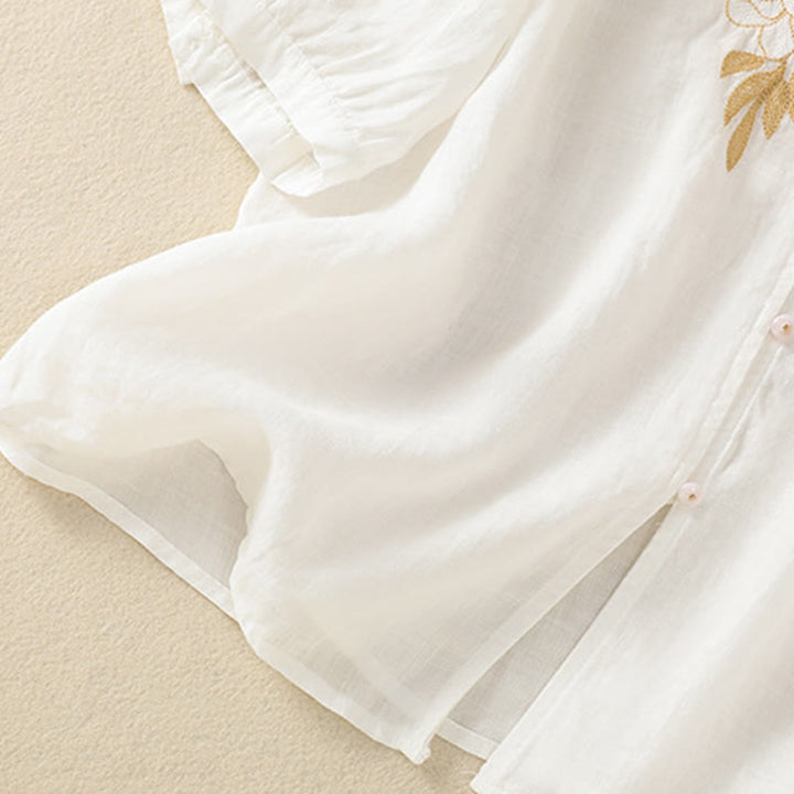 Camicia da donna in cotone a mezza manica con ricamo floreale Buddha Stones e bottoni - image 39