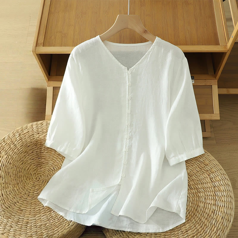 Camicia da donna a maniche corte con scollo a V e bottoni a tinta unita con motivo Buddha Stones. - Bianco - US12, UK/AU16, EU44 (2XL) - image 6