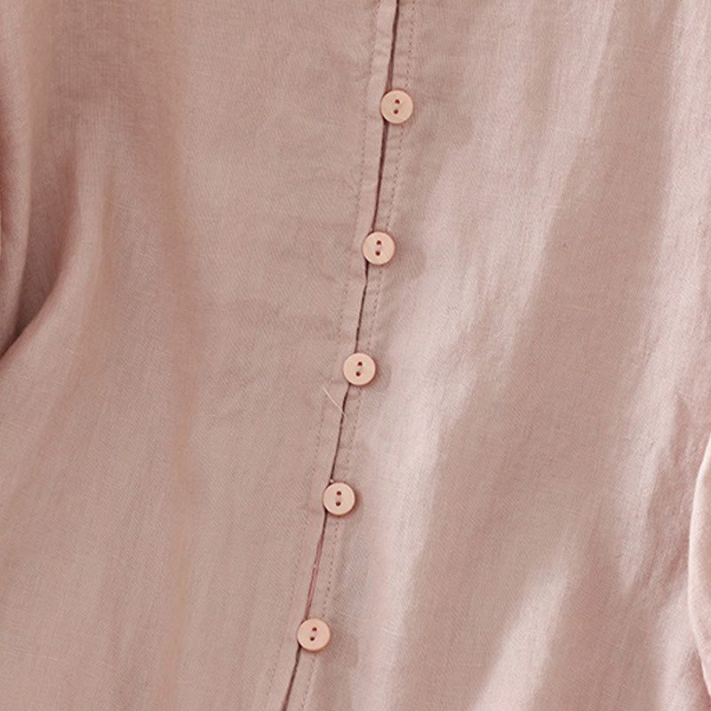 Camicia da donna a maniche corte con scollo a V e bottoni a tinta unita con motivo Buddha Stones. - image 3
