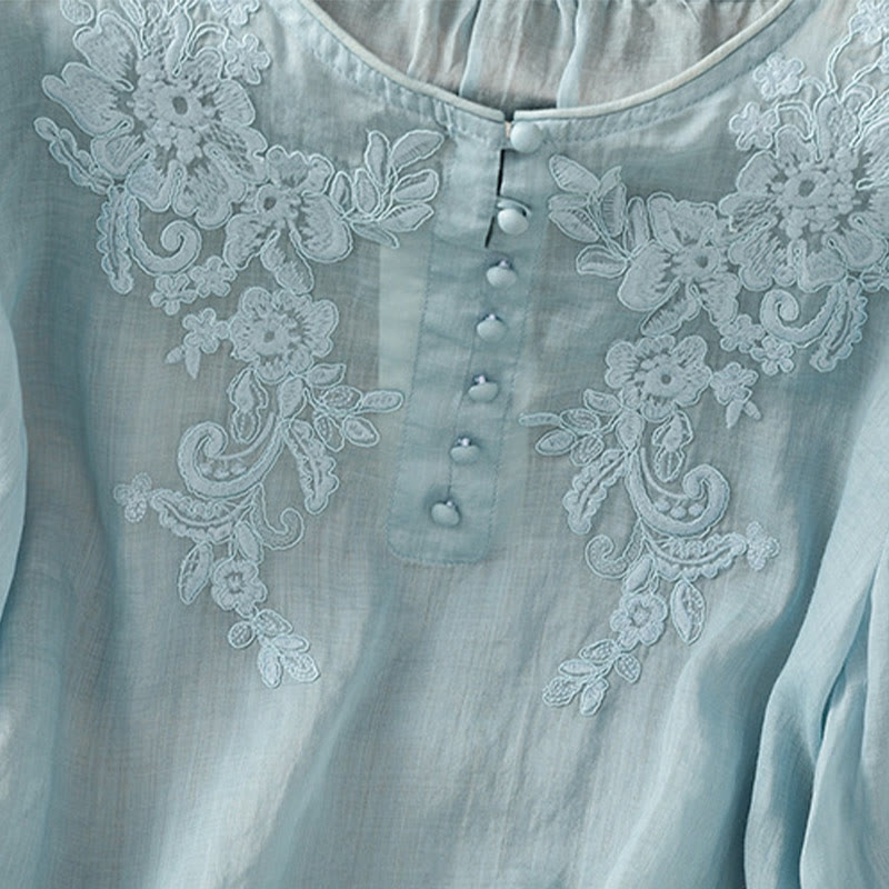 Camicia da donna con scollo rotondo e maniche a tre quarti, ricamata con fiori e viticci Buddha Stones. - image 30