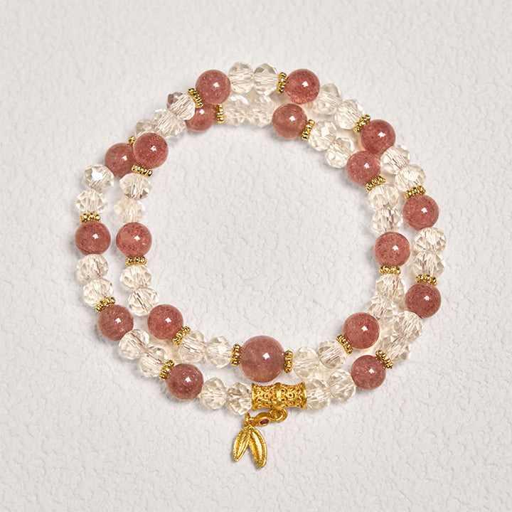 Bracciale Buddha Stones in cristallo di quarzo fragola naturale e bambù a doppio giro positivo
