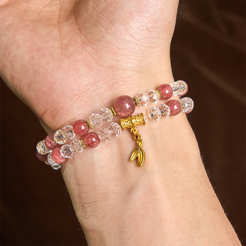 Bracciale Buddha Stones in cristallo di quarzo fragola naturale e bambù a doppio giro positivo