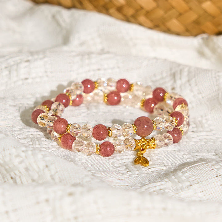 Bracciale Buddha Stones in cristallo di quarzo fragola naturale e bambù a doppio giro positivo