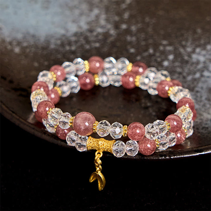 Bracciale Buddha Stones in cristallo di quarzo fragola naturale e bambù a doppio giro positivo
