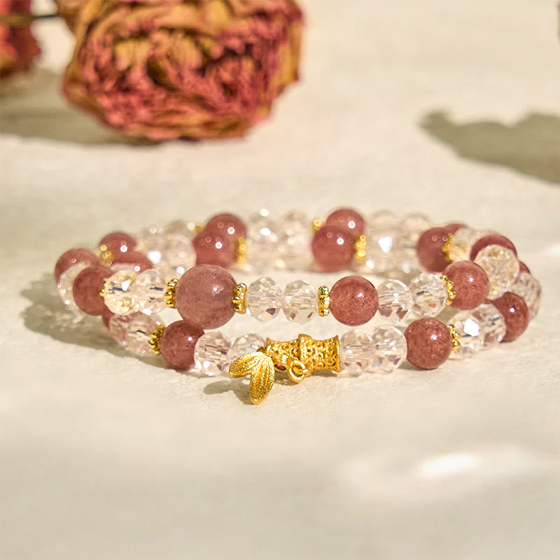 Bracciale Buddha Stones in cristallo di quarzo fragola naturale e bambù a doppio giro positivo