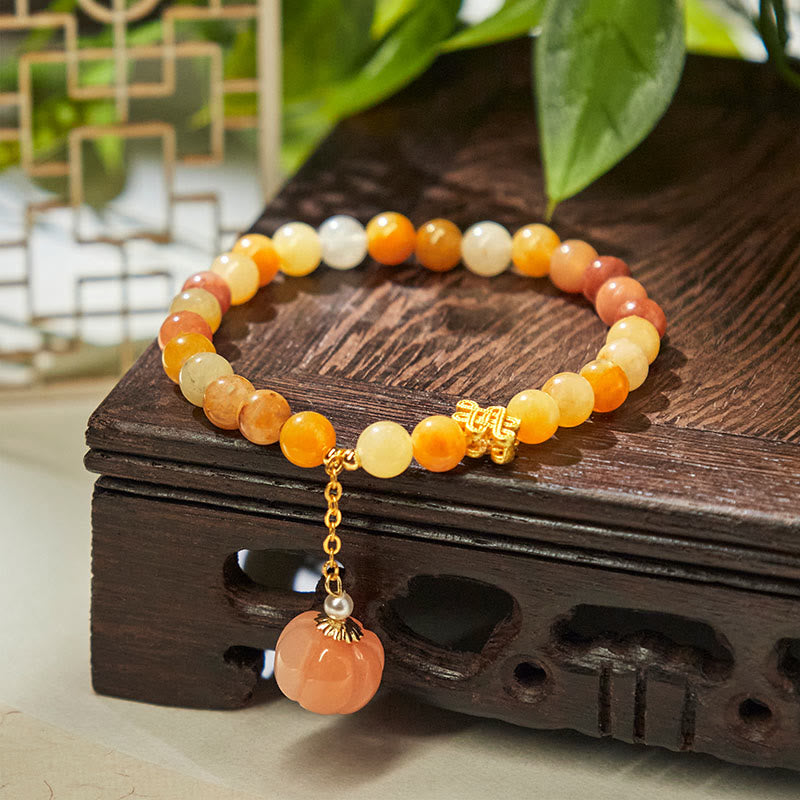 Bracciale della ricchezza con zucca, nodo cinese, Buddha Stones e giada di seta dorata