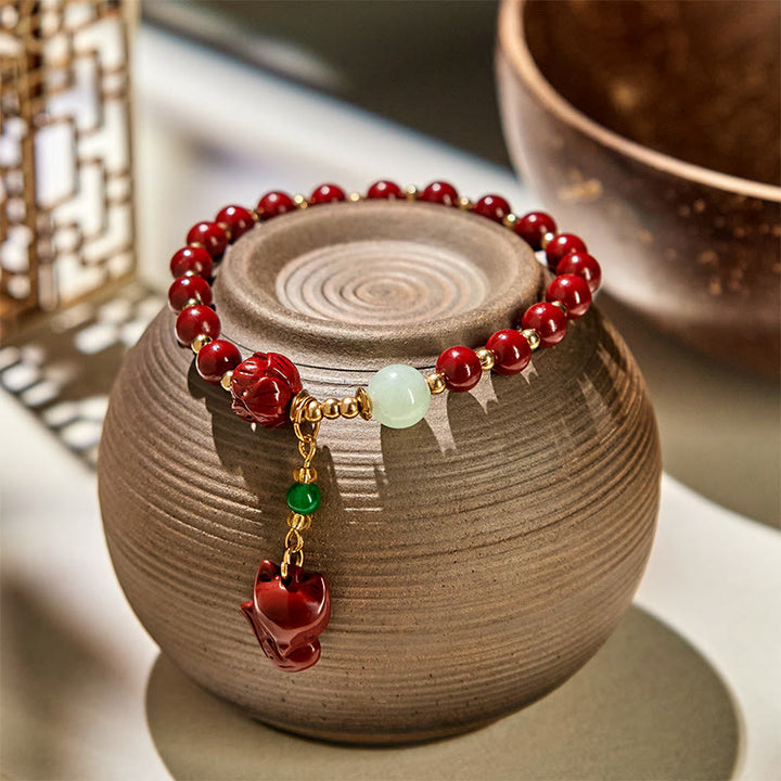 Braccialetto di benedizione con ciondolo a forma di volpe, cinabro e Buddha Stones