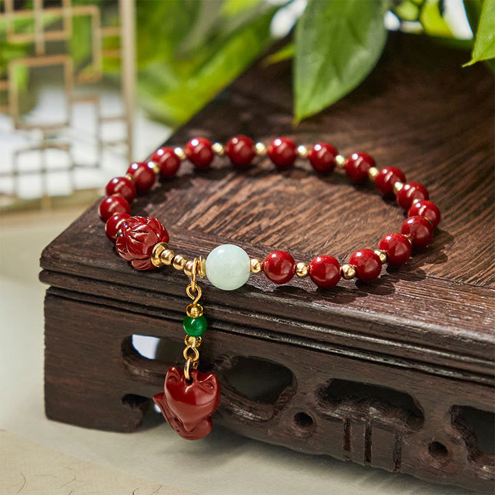 Braccialetto di benedizione con ciondolo a forma di volpe, cinabro e Buddha Stones