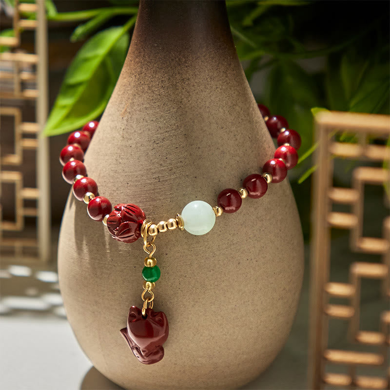 Braccialetto di benedizione con ciondolo a forma di volpe, cinabro e Buddha Stones