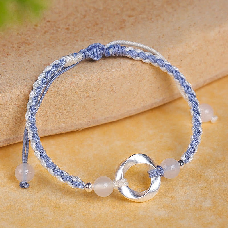 Buddha Stones Braccialetto di protezione in argento sterling 925 con perline di agata bianca Mobius e corda intrecciata - Cordino blu in argento sterling 925 (circonferenza polso: 15-18 cm) - image 0