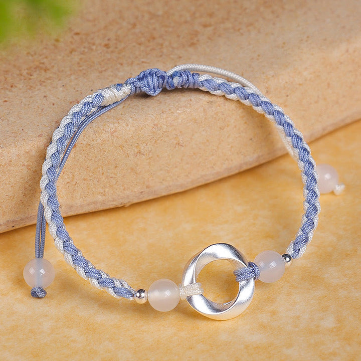 Buddha Stones Braccialetto di protezione in argento sterling 925 con perline di agata bianca Mobius e corda intrecciata - Cordino blu in argento sterling 925 (circonferenza polso: 15-18 cm) - image 0
