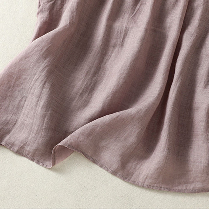 Buddha Stones Camicia casual da donna in cotone e lino con maniche corte, senza maniche e design plissettato - image 4