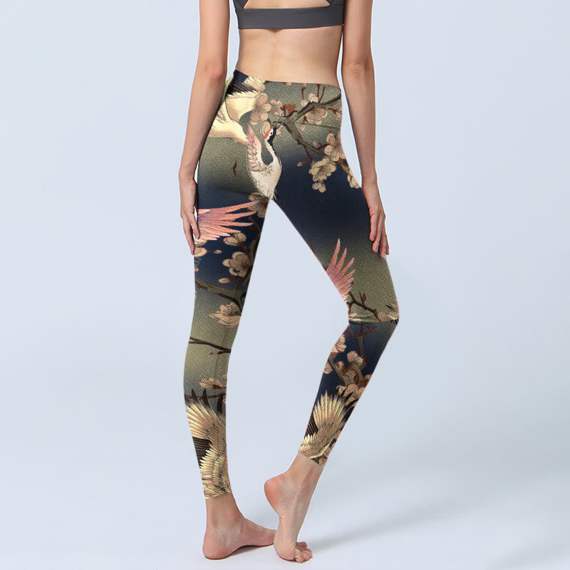 Buddha Stones Leggings da palestra con stampa di rami in fiore bianchi della gru bianca, pantaloni da yoga da donna - image 4