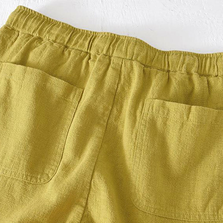 Pantaloncini da uomo estivi in ​​tinta unita con coulisse e elastico in vita, in ramia, lino e cotone, con tasche, con stampa Buddha Stones. - image 12
