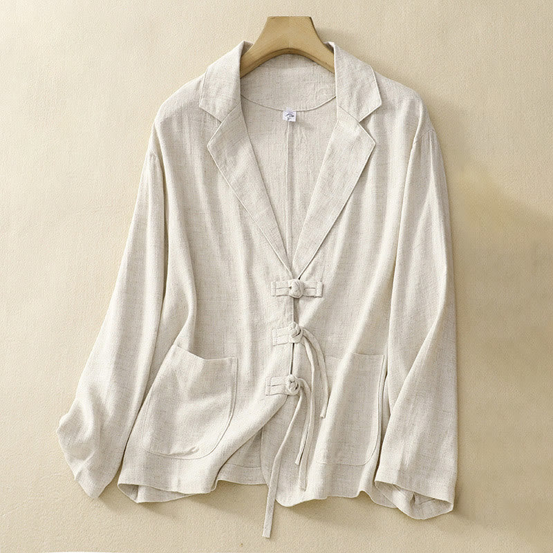 Buddha Stones Giacca da donna in cotone e lino con bottoni a rana e maniche lunghe e tasche - Bianco Floreale - US12, UK/AU16, EU44 (2XL) - image 17
