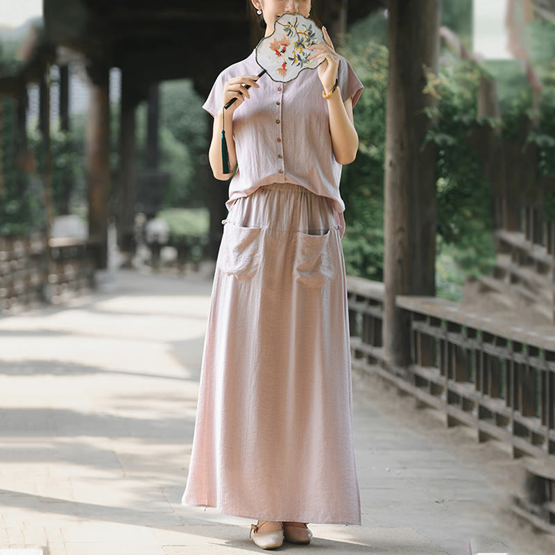 Buddha Stones Set da donna in cotone per meditazione, 2 pezzi, con bottoni, camicia a maniche corte, gonna e tasche - image 7
